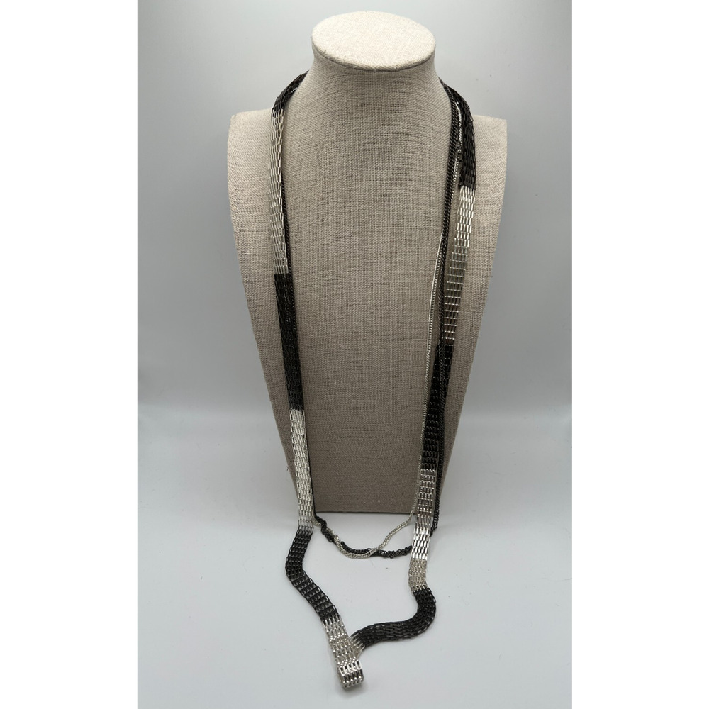 Long colorblock triple strand silver black mesh‎ chain industrial goth necklace